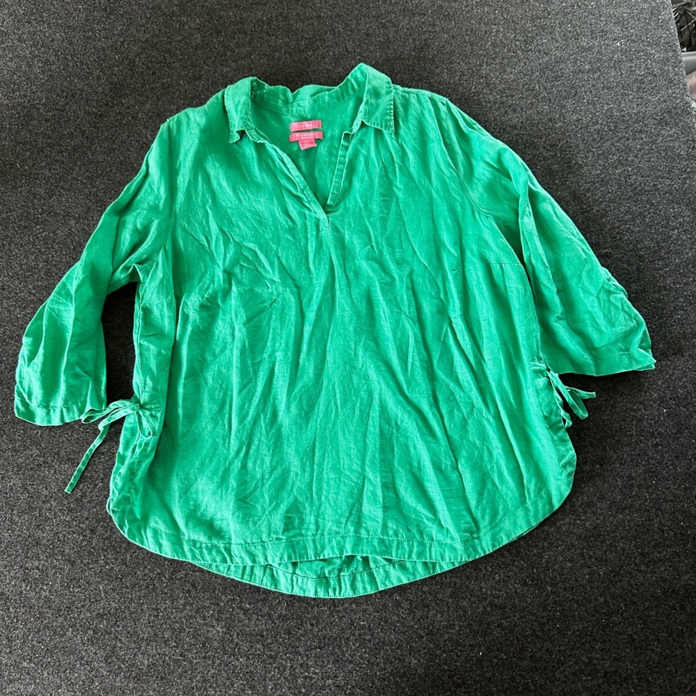 Isaac Mizrahi Green 100% Linen V-Neck Tunic Top‎ Side Tie 1X Womens